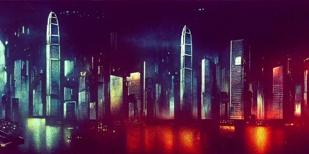 Prompt: 3 5 mm atmospheric urban photographic landscape of hong kong 2 0 xx, blade runner 1 9 8 2 city, matte painting, cinematic composition, futuristic dystopian megacity skyline with towering mega - skyscrapers, falling rain, neon, industrial fires and smog, dramatic cinematography 3 5 mm
