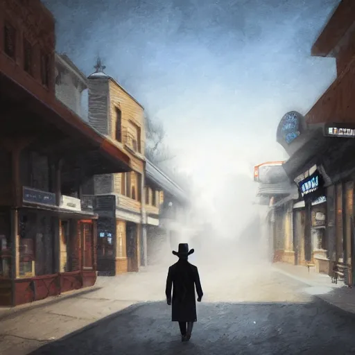 Image similar to a man with a long coat and a cowboy hat walking in a western town, by Shaddy Safadi, dramatic lighting, digital painting, 8k, highly detailed