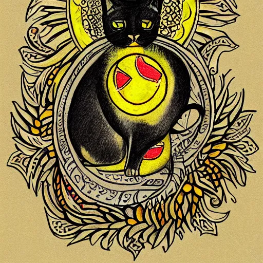 Image similar to tattoo sketch of a cat hugging the sun, on a yellow paper, byzantium ornament, tribal