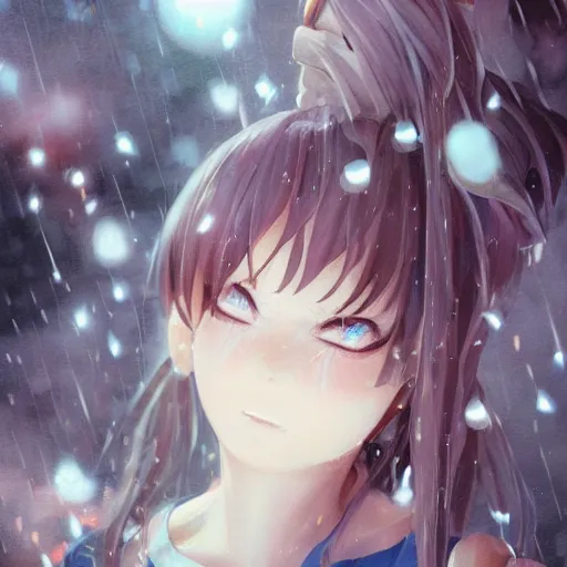 Prompt: anime girl crying with tears on all of her face, rainy day, urban setting at night, highly detailed, trending on Artstation, Unreal Engine 4k, cinematic wallpaper by Stanley Artgerm Lau, WLOP, Rossdraws, James Jean, Andrei Riabovitchev, Marc Simonetti, and Sakimichan