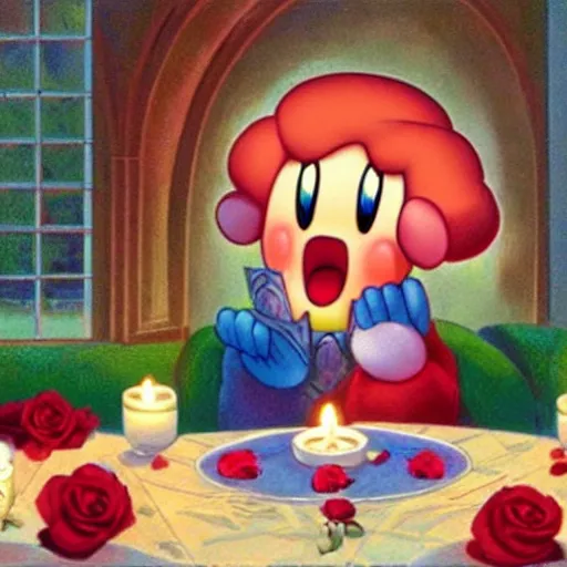 Prompt: kirby!!!!!!!!!!!!!! romantic dinner, candlelight, roses