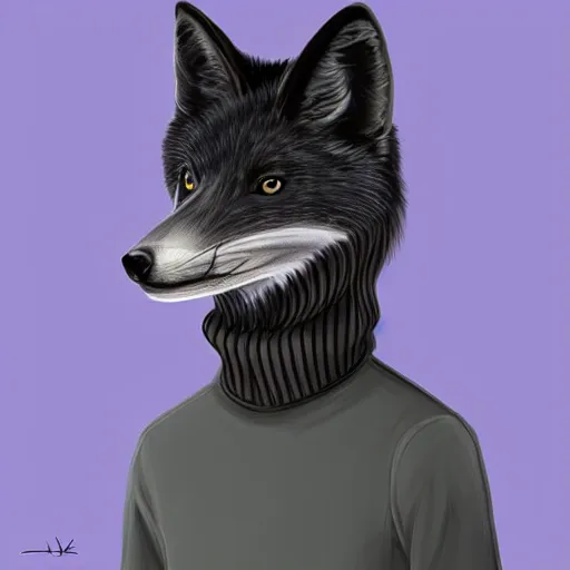 Image similar to handsome male anthropomorphic black fox, wearing a turtleneck, digital art