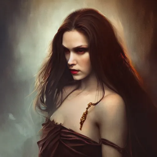 Image similar to majestic gracious regal aristocratic brunette female vampire portrait, atmospheric lighting, painted, menacing, intricate, volumetric lighting, beautiful, rich deep colours masterpiece, golden hour, sharp focus, hyper realistic, ultra detailed, by leesha hannigan, ross tran, thierry doizon, kai carpenter, ignacio fernandez rios