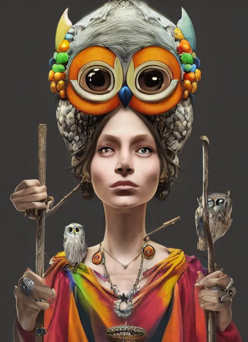 Image similar to an anthropomorphic beautiful goddess female wizard made of owl portrait holding a staff wearing colourful robe, fine art, award winning, intricate, elegant, sharp focus, octane render, hyperrealistic, cinematic lighting, highly detailed, digital painting, 8 k concept art, art by jamie hewlett and z. w. gu, masterpiece, trending on artstation, 8 k