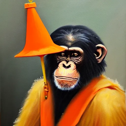 Image similar to An exquisite oil painting of a chimpanzee dressed like Prince Philip with a traffic cone on his head