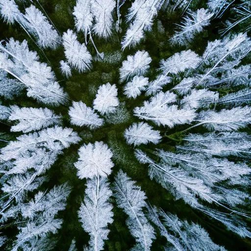 Image similar to Looking down at the forest floor, covered in fallen leaves, An indigo forest in Japan, dark, midnight, ghostly white trees