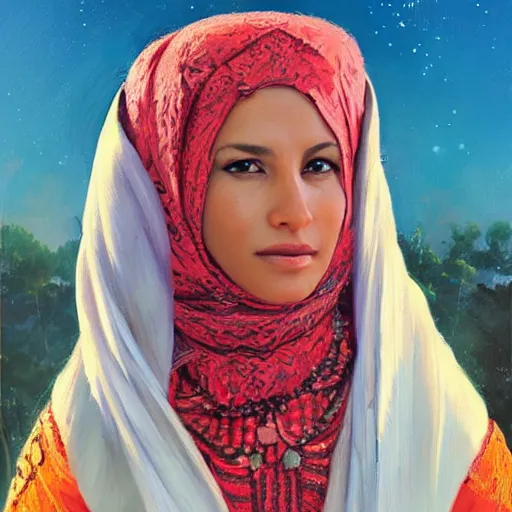 Image similar to portrait of a moroccan woman ( 3 5 ) from morocco in 2 0 2 1, an oil painting by ross tran and thomas kincade