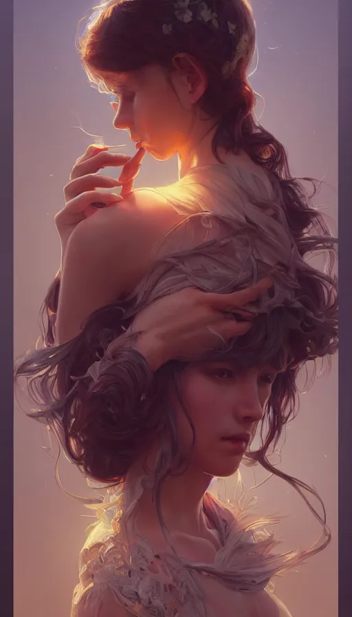 Image similar to love, heartbreak, fibonacci, sweat drops, insane, intricate, highly detailed, digital painting, artstation, concept art, smooth, sharp focus, illustration, Unreal Engine 5, 8K, art by artgerm and greg rutkowski and alphonse mucha