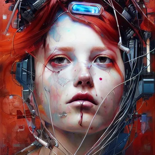 Image similar to beautiful redhead woman, cyberpunk dreams!, wires cybernetic implants!!, in the style of adrian ghenie, esao andrews, jenny saville, surrealism, dark art by james jean, takato yamamoto