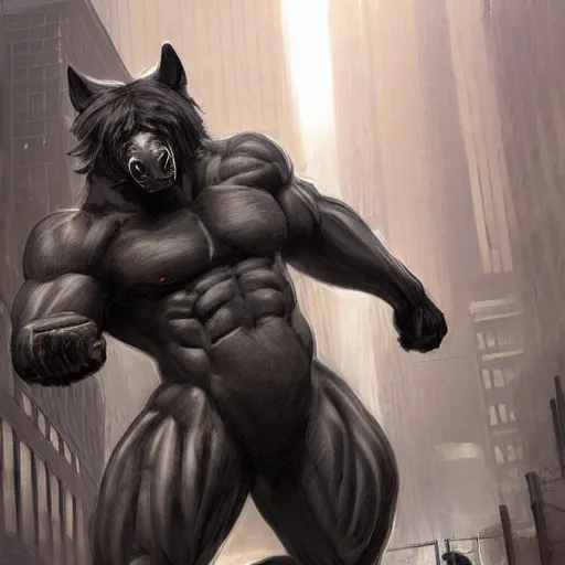 Image similar to a gigantically musclebound black - furred male anthro horse in a tactical outfit in a city warzone, absurdly hulking physique, furaffinity, furry art, highly detailed, digital painting, artstation, sharp focus, smooth, concept art, illustration, art by artgerm, greg rutkowski, wlop