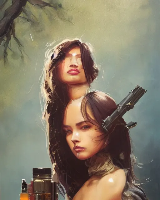 Image similar to a highly detailed oil painting of A cowgirls, in professional makeup, with medium length hair covering an eye, and a tall tree, and large gun, portrait, cinematic lighting, dramatic atmosphere, by Dustin Nguyen, Akihiko Yoshida, Greg Tocchini, Greg Rutkowski, Cliff Chiang, 4k resolution, trending on artstation