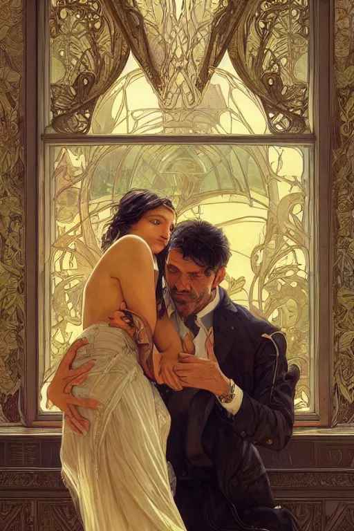 Prompt: portrait of a man in dhl van hugging his wife, feelings, romantic, fantasy, intricate, elegant, highly detailed, digital painting, artstation, concept art, smooth, sharp focus, illustration, art by artgerm and greg rutkowski and alphonse mucha