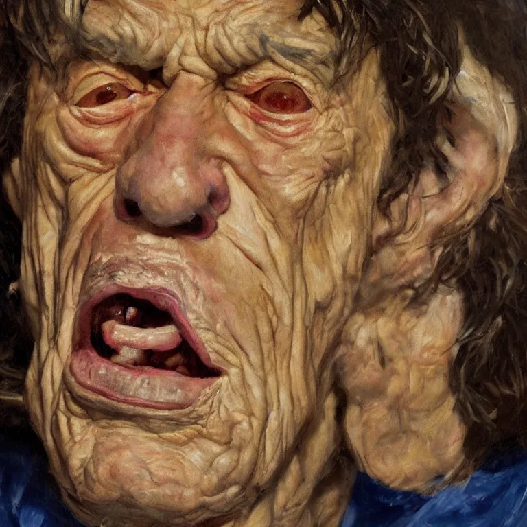 Prompt: warmly lit close up studio portrait of very old furiously angry!! Mick Jagger age 115 angrily singing, impasto oil painting thick brushstrokes by Cy Twombly and Tim Hawkinson , trending on artstation dramatic lighting Expressionism