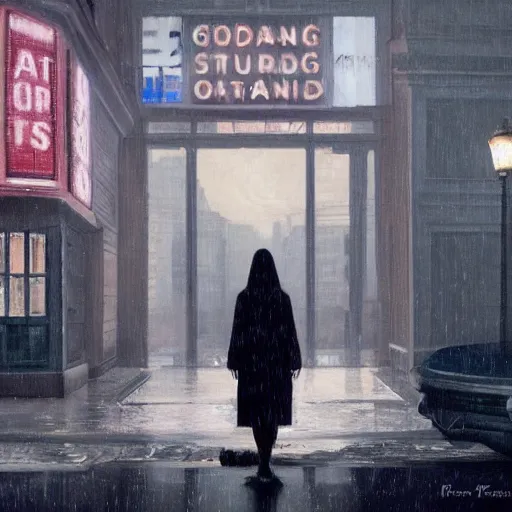 Image similar to Elle Fanning standing next to a goat in the world of Edward Hopper, stormy snowy weather, streetlights, extremely detailed masterpiece, oil on canvas, low-key neon lighting, artstation, Blade Runner 2049, Roger Deakin’s cinematography, by J. C. Leyendecker and Peter Paul Rubens,