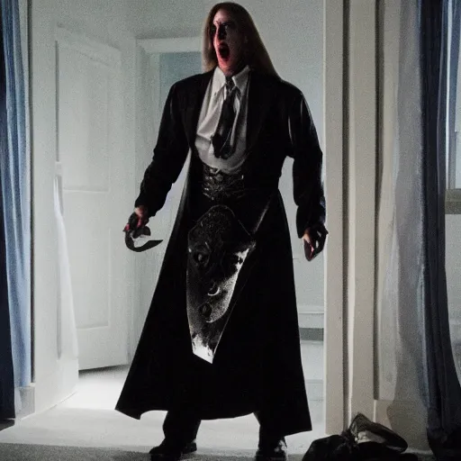 Image similar to arthas menethil as the american psycho, cinematic still