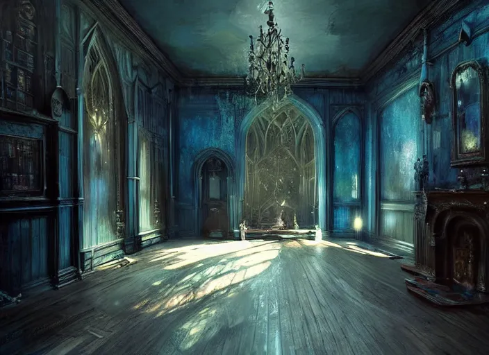 Prompt: gothic mansion room, wooden floor, elegant, digital artwork, paint, blue tones, detailed, by bastien lecouffe deharme, by jeremy mann, by alexander fedosav