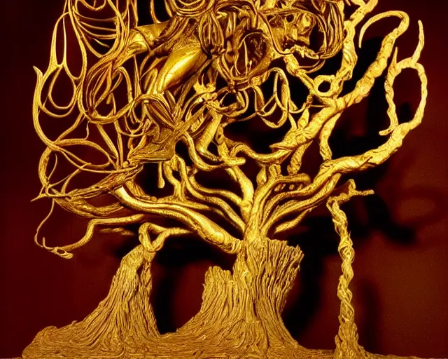 Image similar to by szukalski, by francis bacon, mystical redscale photography evocative. a beautiful carved kinetic sculpture of a gold and obsidian brutalist exploded humanoid diagram tree of evolution - like creature, standing in front of a castle atop a cliff.