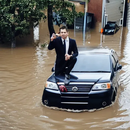 Image similar to A photo of a man in suit sitting on the top of a car in a flooded street, looking at his phone