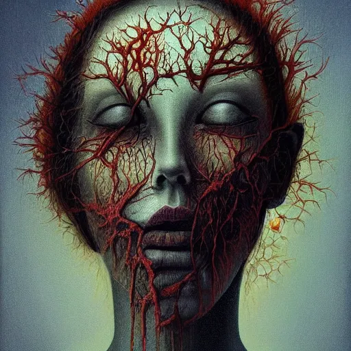 Prompt: dramatic portrait painting of sad woman with black mandelbrot fractal instead of face, in style of zdzisław beksinski, horror, body horror, dark, disturbing,