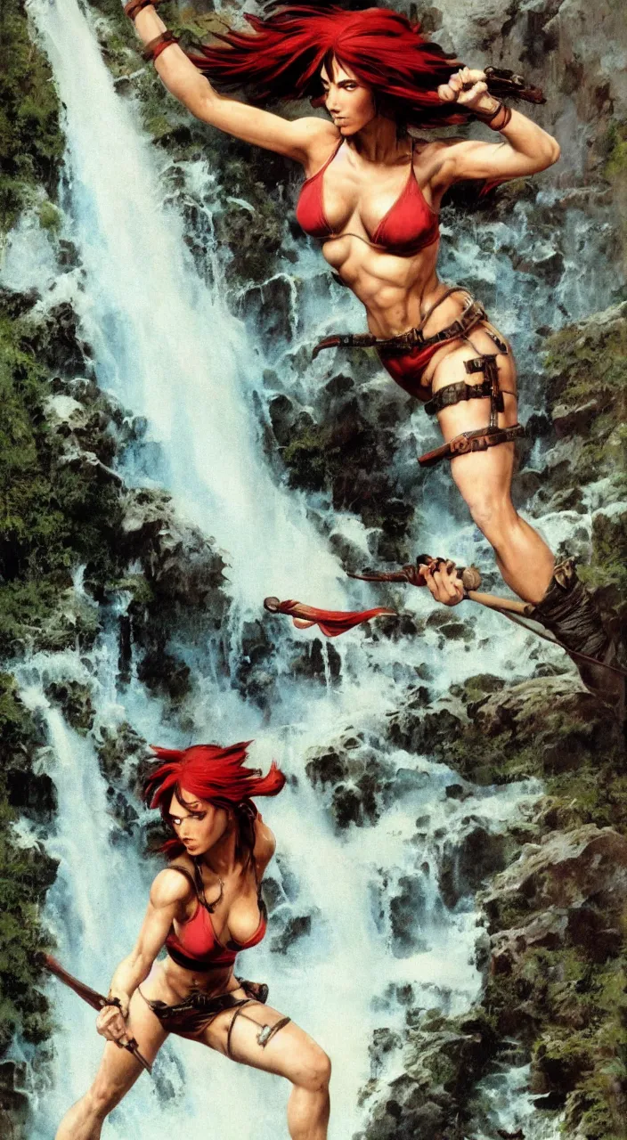 Prompt: tomb raider with red hair in front of a waterfall by frank frazetta and boris vallejo