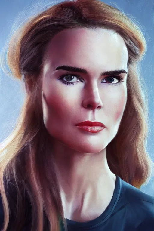 Prompt: portrait of a mix of beautiful young maria shriver, mariel hemmingway, brooke shields, nicole kidman and elle macpherson as a fitness class student, thin lips, hair tied up in a pony tail, colorful artstation, cgsociety