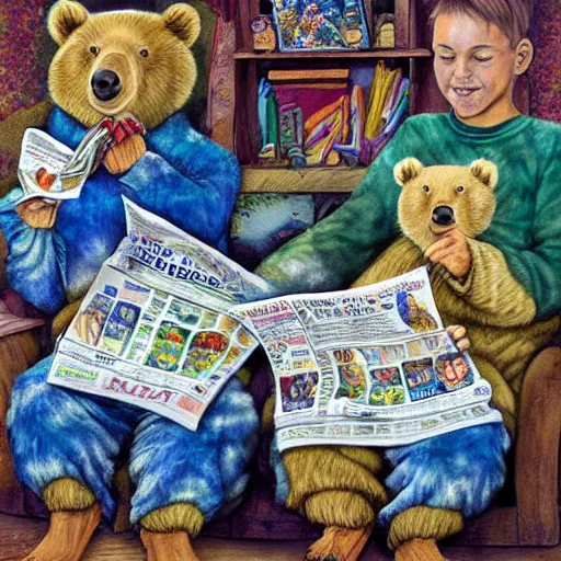 Prompt: 3 bears in tie dye shirts reading newspapers in a cottage, highly detailed, childrens fairy tale, portrait painting, illustration by scott gustafson