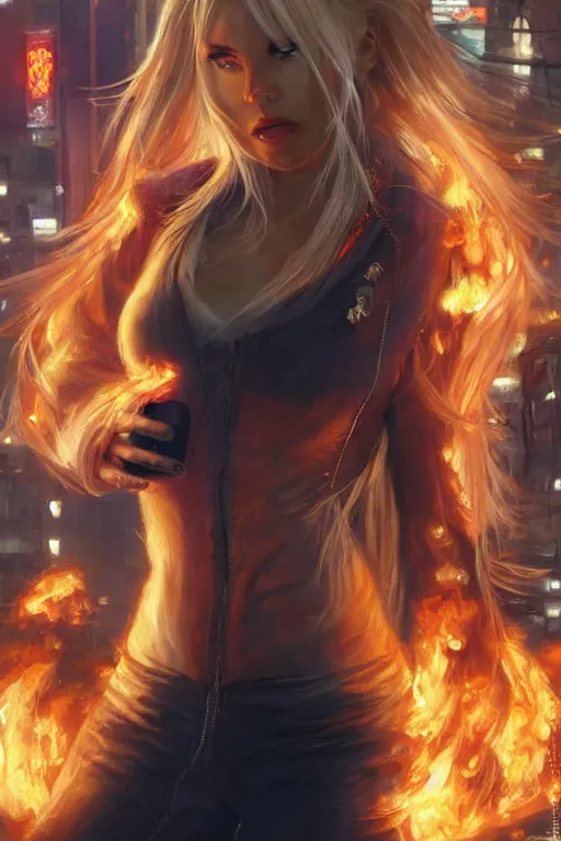 Image similar to wonderful blonde woman hair on fire with flames dancing on her hands with a long jacket in a cyberpunk city, realistic mouth, realistic, high definition, detailed and symetric face, detailed and realistic hands, expressive eyes, 4 k, shimmering color, art by artgerm ans greg rutkowski and magali villeneuve