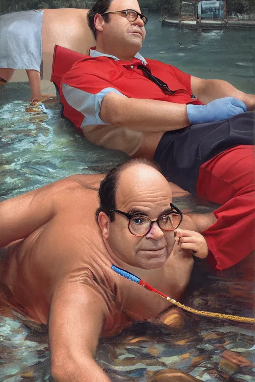 Prompt: george costanza being saved by a lifeguard oil on canvas, intricate, portrait, 8 k highly professionally detailed, hdr, cgsociety
