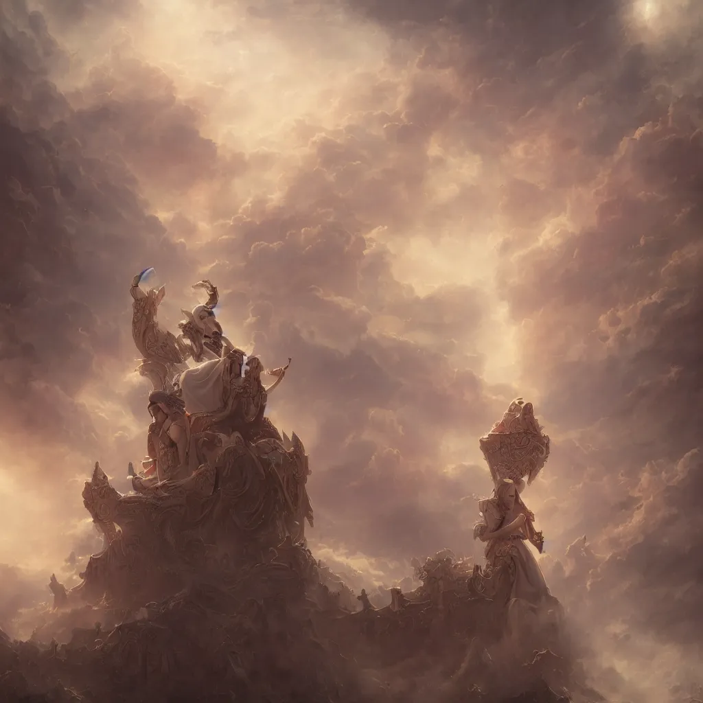 Image similar to the all - beneficent settled on the throne, rossdraws art, tom bagshaw art, heaven lighting, highly detailed, 8 k, octane render