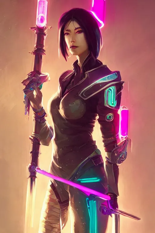 Image similar to fiora from league of legends, cyberpunk futuristic neon. long sword in her hand, decorated with traditional japanese ornaments by ismail inceoglu dragan bibin hans thoma greg rutkowski alexandros pyromallis nekro rene maritte illustrated, perfect face, fine details, realistic shaded, fine - face, pretty face, masterpiece