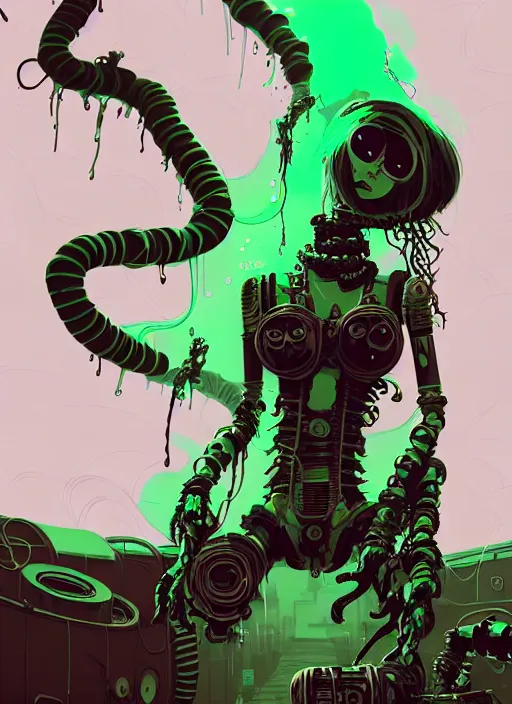 Prompt: highly detailed portrait of an moody wasteland punk long dripping green poison hair tribal lady, stray wiring by atey ghailan, james gilleard, by joe fenton, by greg rutkowski, by greg tocchini, by kaethe butcher, 4 k resolution, gradient purple, brown black and white color scheme!!! ( ( green flaming robotic sewer background ) )