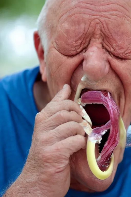 Prompt: an old man spitting out his dentures violently in slow motion, 1 0 0 0 fps, canon 5 d, zeiss prime 3 5 mm