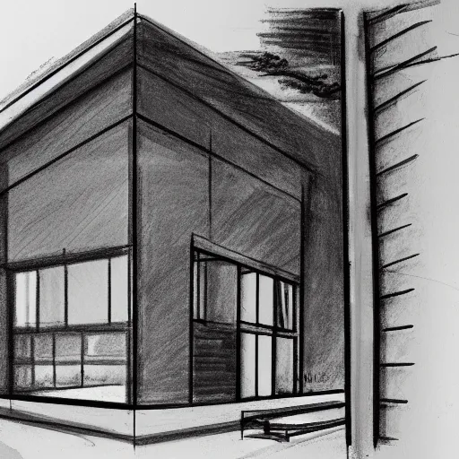 Prompt: a sketch of a building in a serene landscape