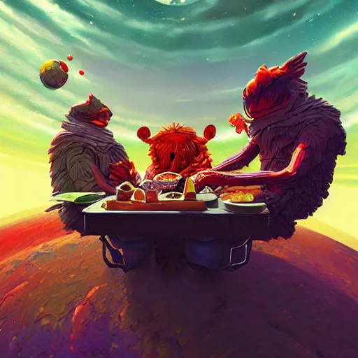 Prompt: interloper consuming food in no man's sky colorful, fantasy, intricate, highly detailed, digital painting, hq, trending on artstation, illustration, style of stanley artgerm and greg rutkowski and dan mumford