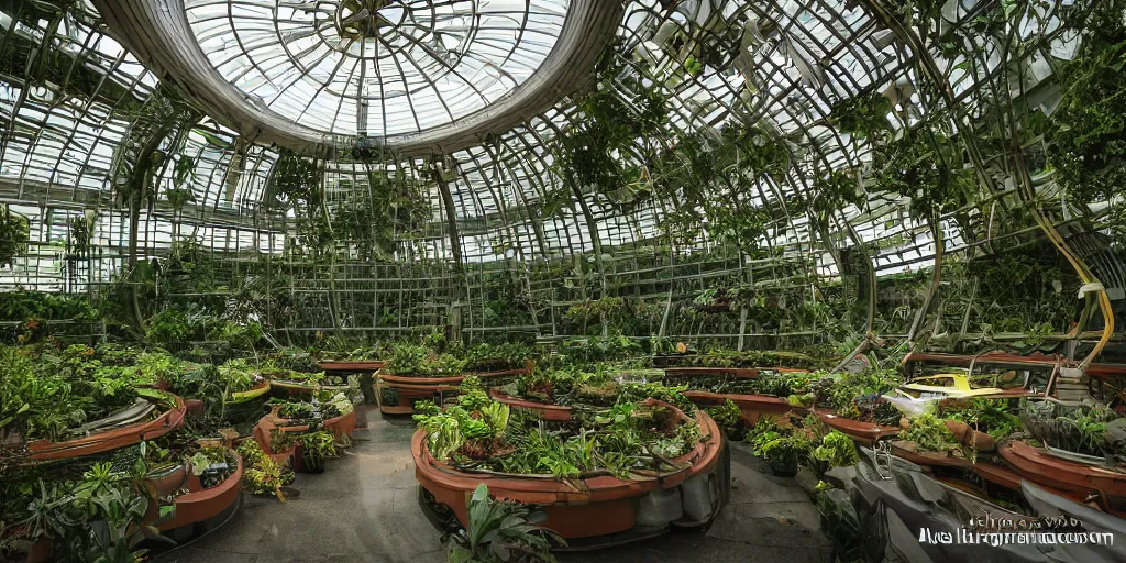 Image similar to alien greenhouse interior with circular windows, inspired by Frank Lloyd Wright, natural sunlight, bright colors, romantic greenery, flowers, cinematic, cyberpunk, lofi, calming, dramatic, fantasy, by Moebius, by zdzisław beksiński, cyberpunk LUT, high contrast, epic composition, sci-fi, dreamlike, surreal, angelic, 8k, unreal engine, hyper realistic, fantasy concept art,