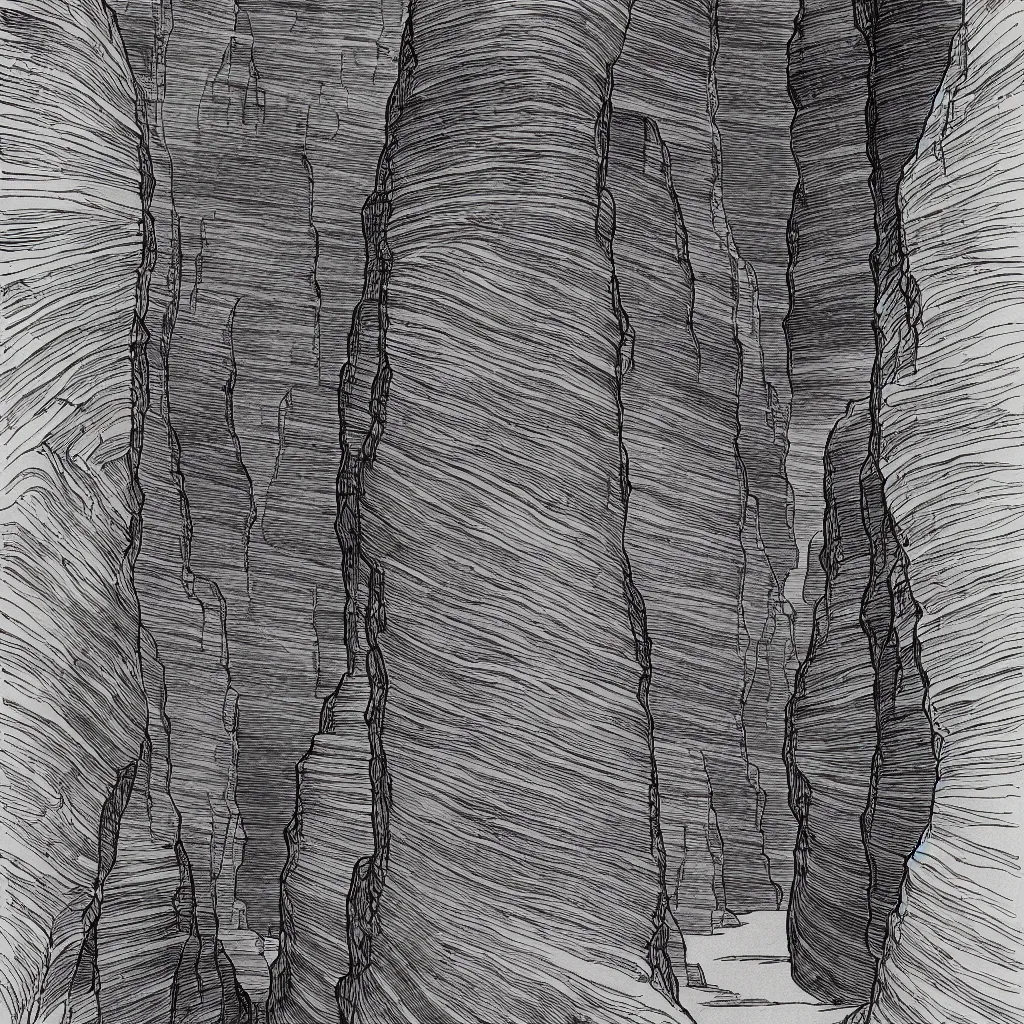 Image similar to slot canyons by moebius, minimalist ink drawing with long lines