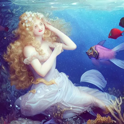 Image similar to underwater , a stunning beautiful rococo-era girl with blonde long hair and pale skin, abundant detail, fish , long dress character photography art