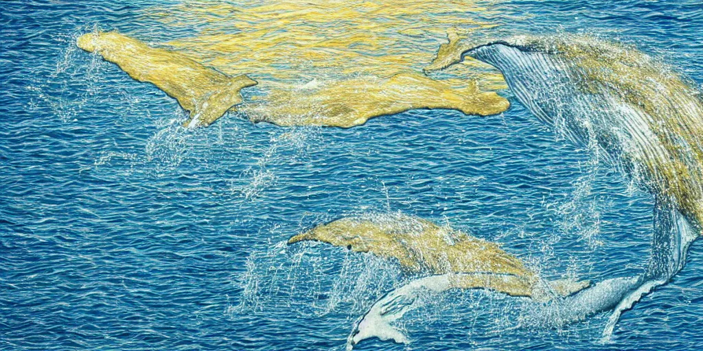 Image similar to realistic scene of whales, golden, delicate, hyper realism, 1 4 5 0, ink, ultra realistic, 8 k