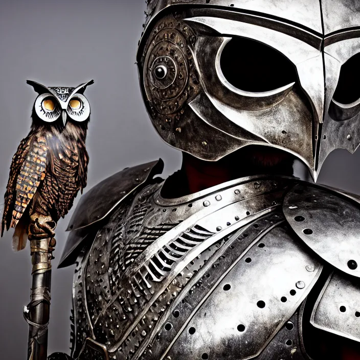 Image similar to photo of a warrior with metal owl themed armour, highly detailed, 4 k, hdr, smooth, sharp focus, high resolution, award - winning photo