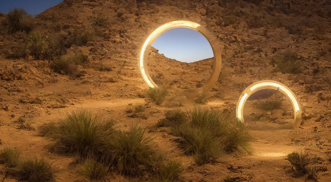 Image similar to a luminous circular stargate in the desert through which an ancient jungle is visible in the style of midjourney