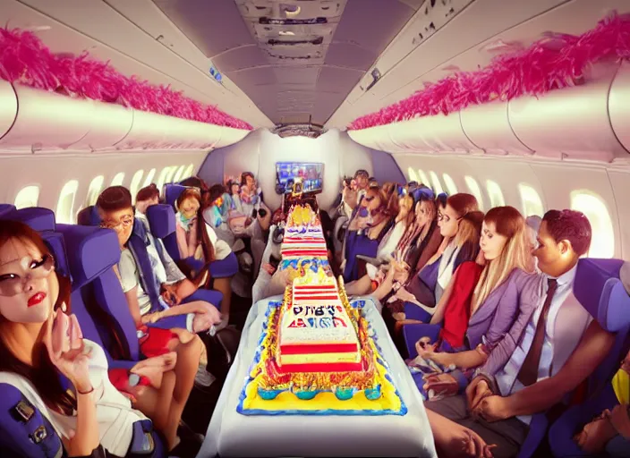 Image similar to boeing 737 cabin, many rich people, birthday party, party hats, string of balloons, one big birthday cake, realistic, insanely detailed, wide angle, Unreal 5 engine, trending on artstation, by Huang Guangjian and Gil Elvgren and Sachin Teng