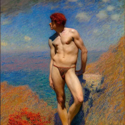 Image similar to an attractive male standing on a cliff, looking out at a red ocean, by gaston bussiere, craig mullins, j. c. leyendecker, claude monet