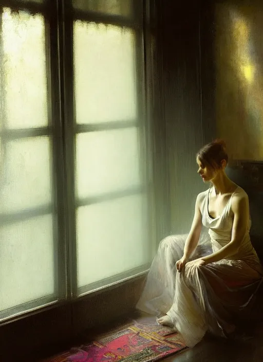 Prompt: a portrait of beautiful woman sitting in the floor, inside a modern apartment, detailed oil painting, misty, ethereal, dramatic lighting, 8 k, by jeremy mann and ruan jia and alphonse mucha