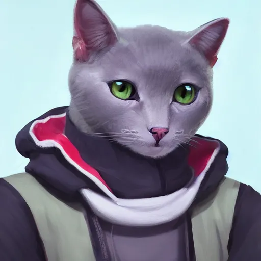 Image similar to Portrait painting an anthropomorphic Gray cat wearing a jacket and a collar, as an Overwatch character, medium shot, asymmetrical, profile picture, Organic Painting, sunny day, Matte Painting, bold shapes, hard edges, street art, trending on artstation, by Huang Guangjian and Gil Elvgren and Sachin Teng