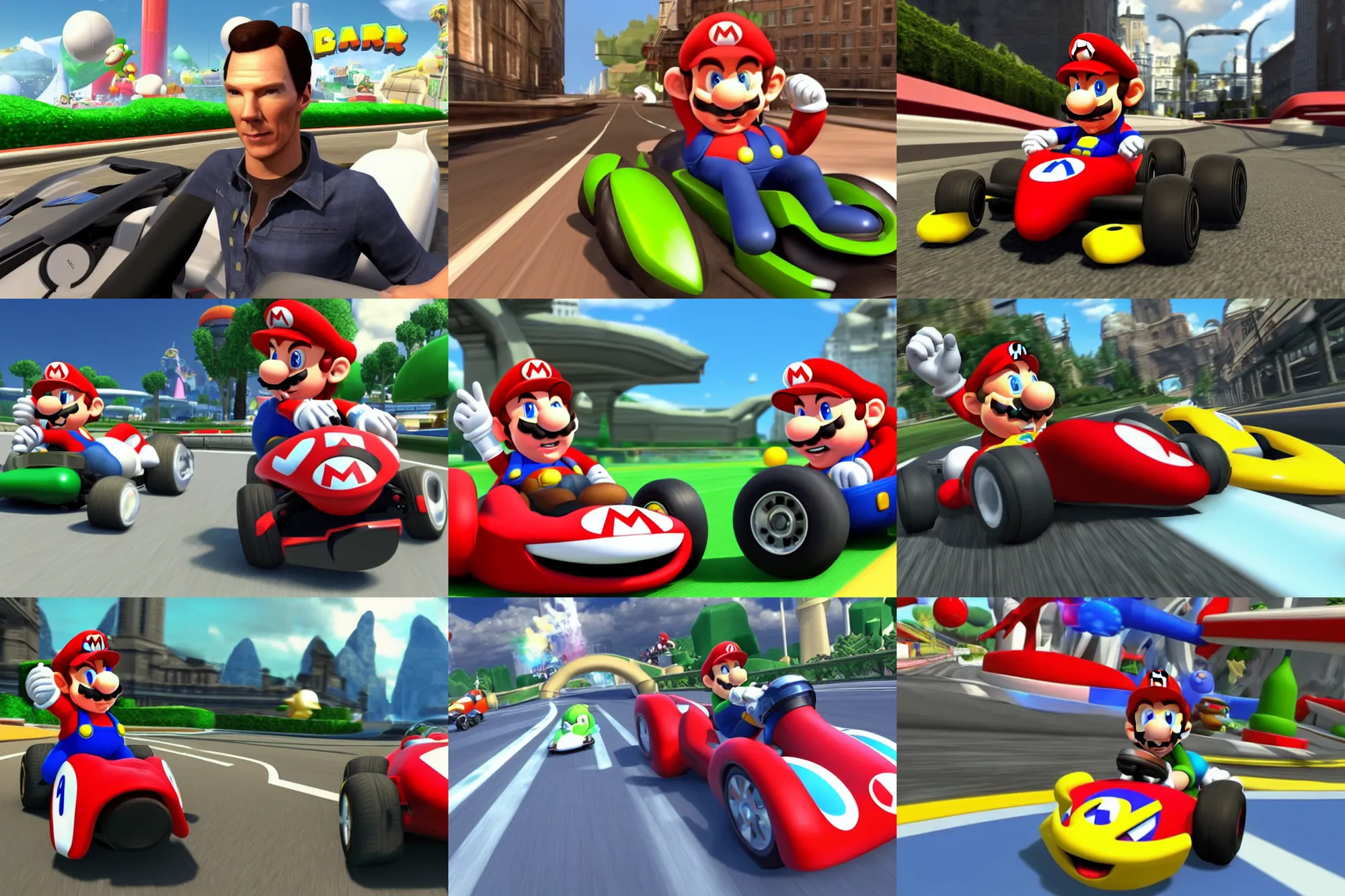 Prompt: a screenshot of benedict cumberbatch in the video game ( mario kart ). 3 d rendering. unreal engine. very detailed.