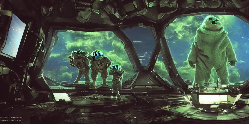 Prompt: a 3 d rendered movie still, wide - angle shot, 1 0 0 meter in the distance, baby yoda wearing a spacesuit, and exploring cosmos in a super awesome space ship. dramatic lighting, imax, 7 0 mm. science fiction blockbuster movie, silent running.