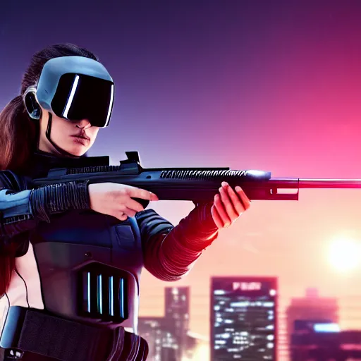 Image similar to photographic portrait of a techwear woman holding a shotgun, closeup, on the rooftop of a futuristic city at night, sigma 85mm f/1.4, 4k, depth of field, high resolution, 4k, 8k, hd, full color, Robocop, Die Hard, movies with guns, movie firearms, face closeups