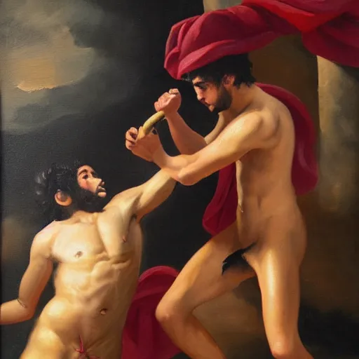 Image similar to oil painting of 20 year old Mediterranean man beating up an 18 year old Mediterranean man, dressed in biblical clothing, dark colors, dramatic abstract oil painting