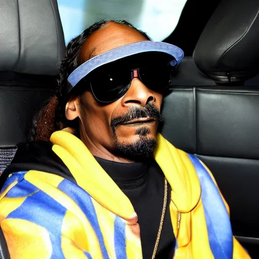 Image similar to Snoop Dogg is sitting in a police car wearing a cap C-13