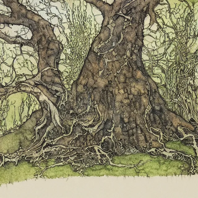 Prompt: a detailed, intricate watercolor and ink portrait illustration with fine lines, of a mossy oak tree, by arthur rackham and edmund dulac and ted nutall